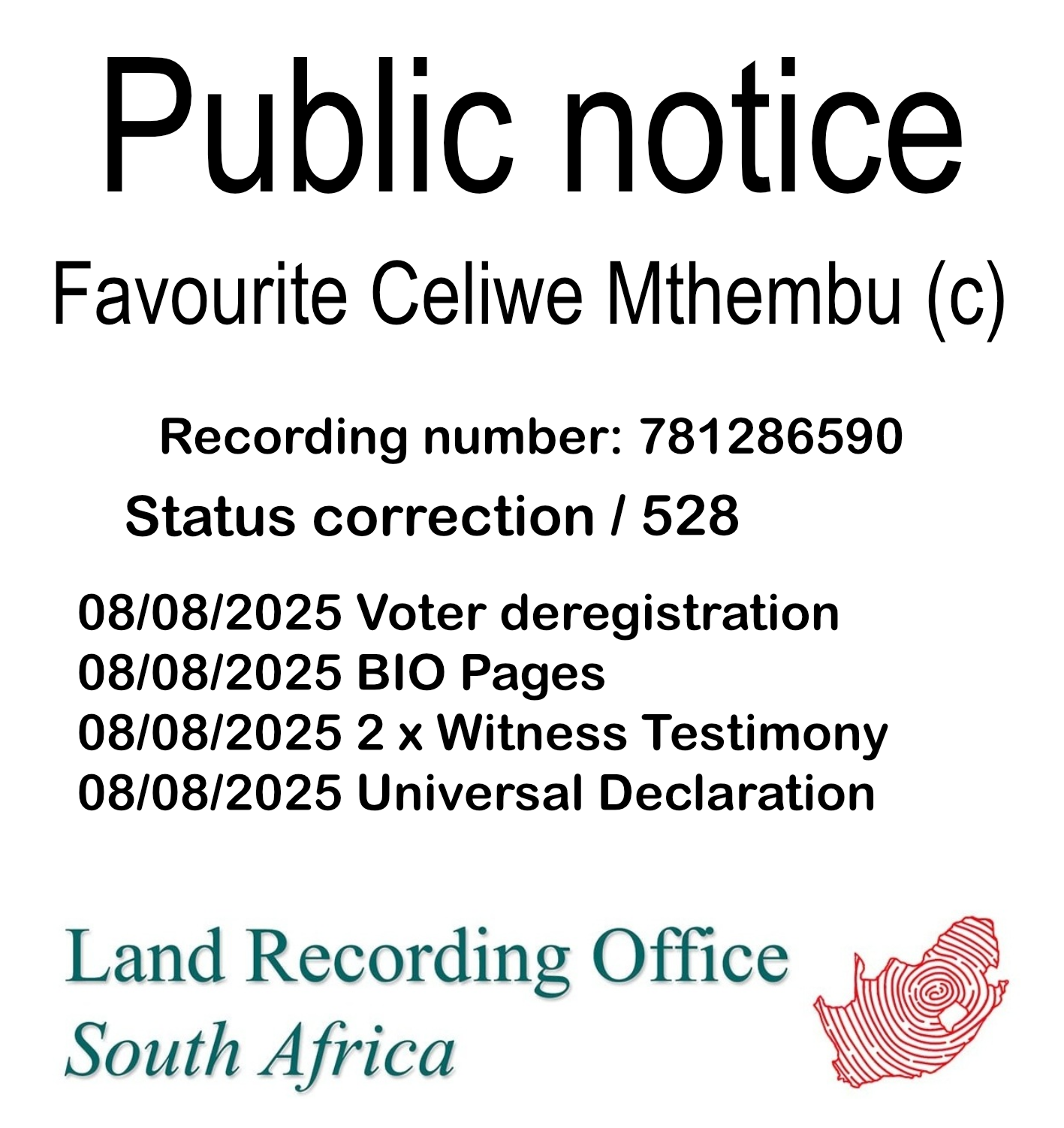 Public notice Favourite Celiwe Mthembu (c) Recording number 781286590
